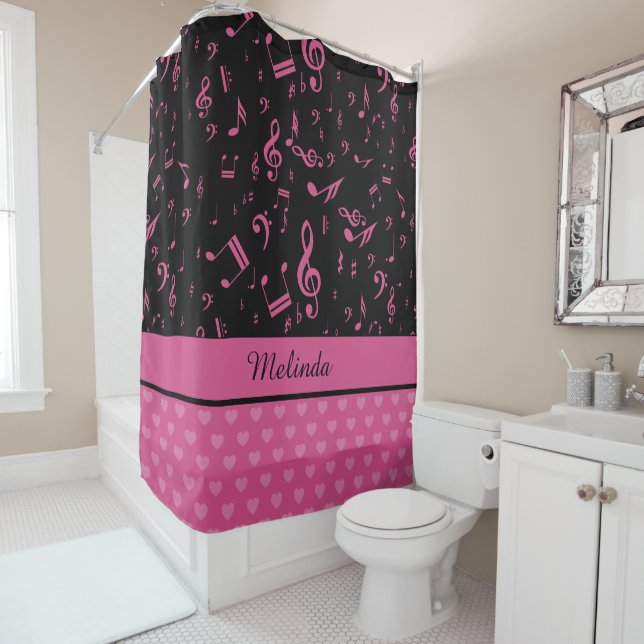 Custom Music Notes and Hearts Pattern Pink Black Shower Curtain (In Situ)