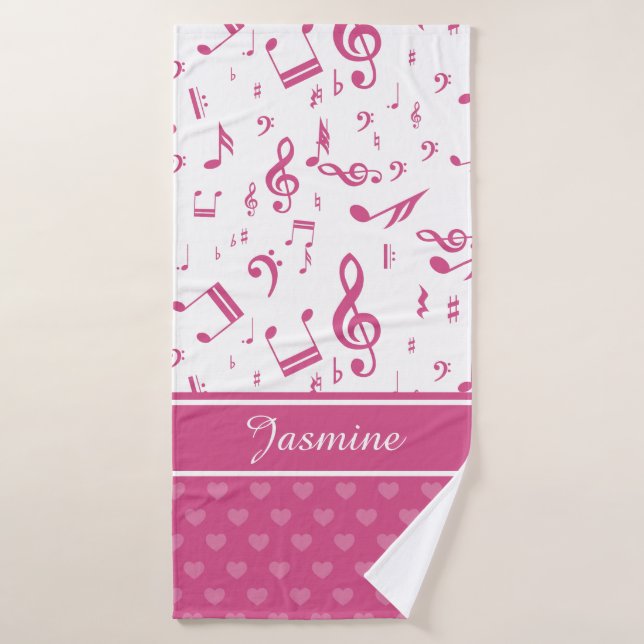 Custom Music Notes and Hearts Pattern Pink White Bath Towel (Bath Towel)