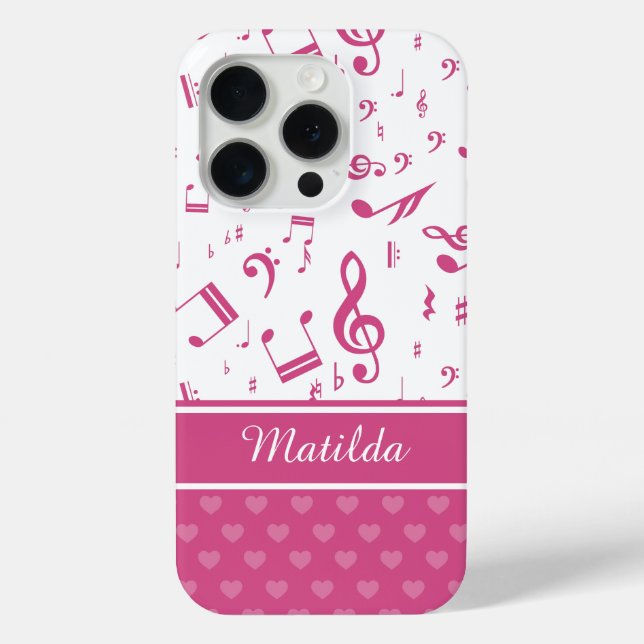 Custom Music Notes and Hearts Pattern Pink White Case-Mate iPhone Case (Back)