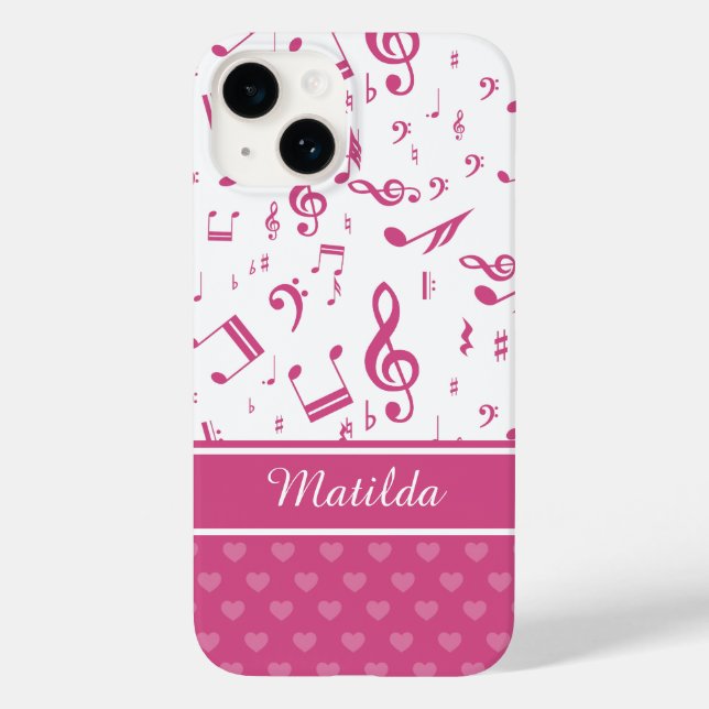 Custom Music Notes and Hearts Pattern Pink White Case-Mate iPhone Case (Back)