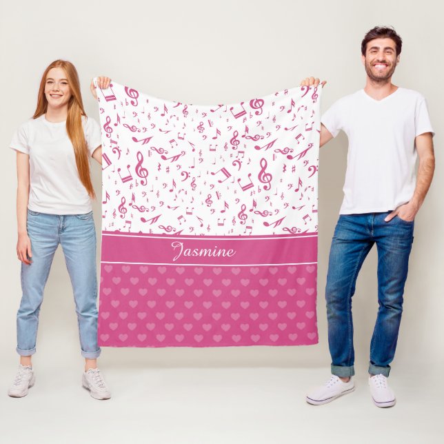 Custom Music Notes and Hearts Pattern Pink White Fleece Blanket (In Situ)