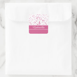 Custom Music Notes and Hearts Pattern Pink White Square Sticker