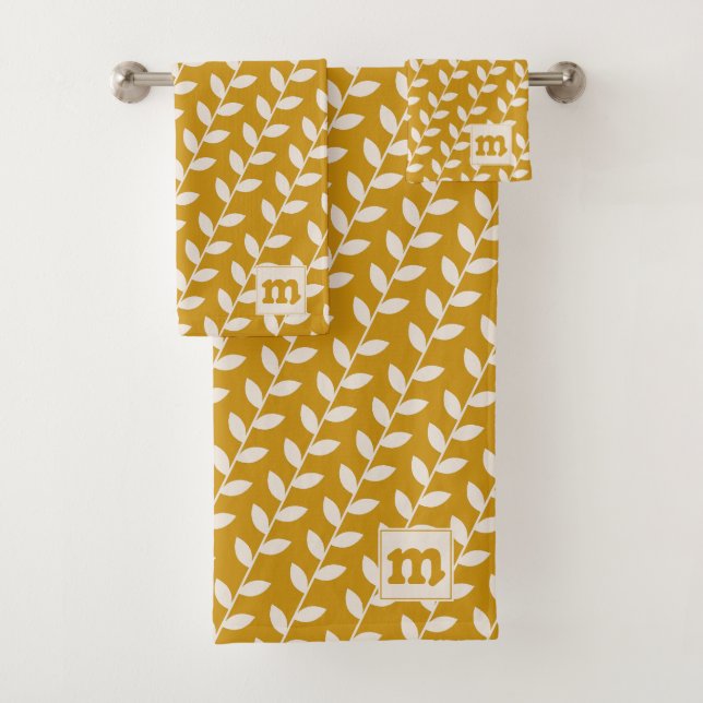 Custom Mustard 70s Retro Leaf Pattern Monogram Bath Towel Set (Insitu)