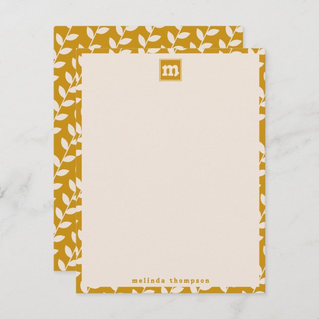 Custom Mustard 70s Retro Leaf Pattern Monogram Card (Front/Back)