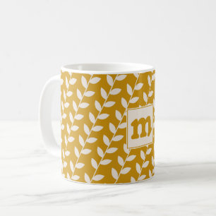 Custom Mustard 70s Retro Leaf Pattern Monogram Coffee Mug