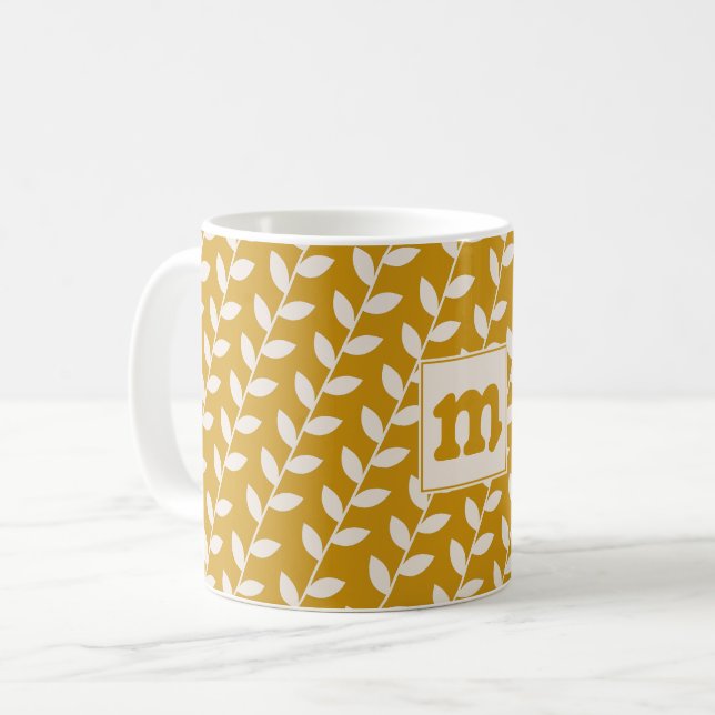 Custom Mustard 70s Retro Leaf Pattern Monogram Coffee Mug (Front Left)