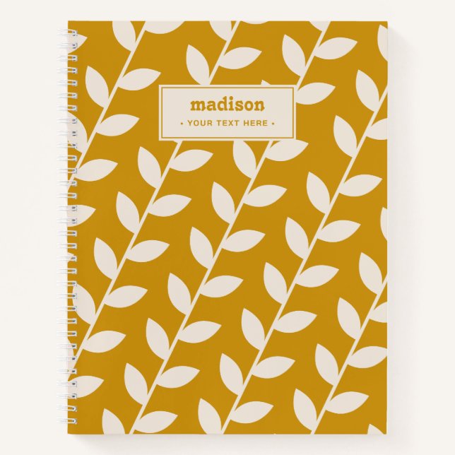 Custom Mustard 70s Retro Leaf Pattern Monogram Notebook (Front)