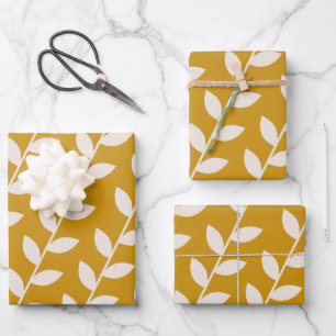 Custom Mustard 70s Retro Leaf Pattern  Wrapping Paper Sheet