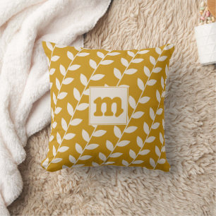 Custom Mustard Retro Leaf Pattern Monogram Cushion