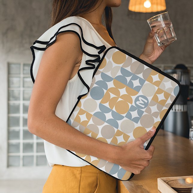 Custom Mustard Taupe Grey Blue Retro Art Pattern Laptop Sleeve (Creator Uploaded)
