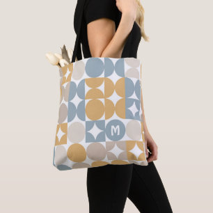 Custom Mustard Taupe Grey Blue Retro Art Pattern Tote Bag