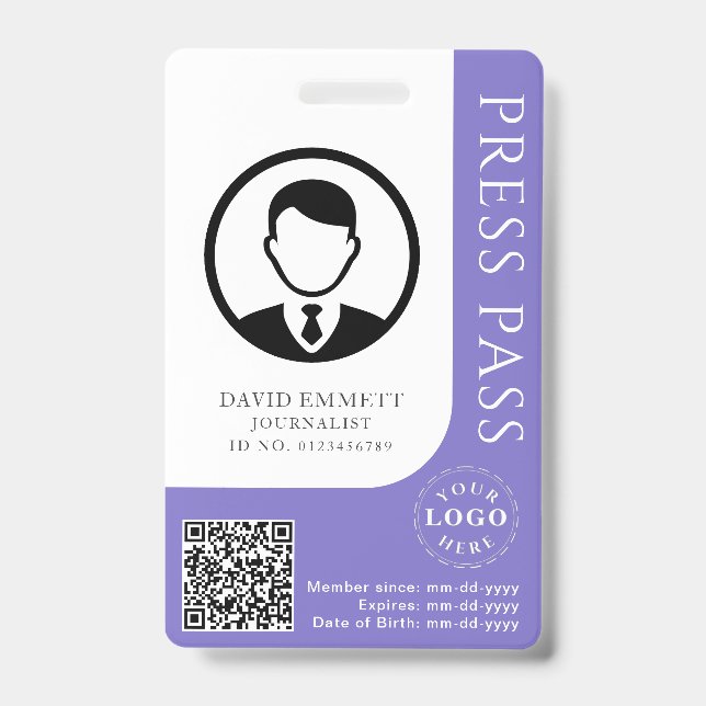 Custom Muted Purple Press Pass with Editable Deta ID Badge (Front)