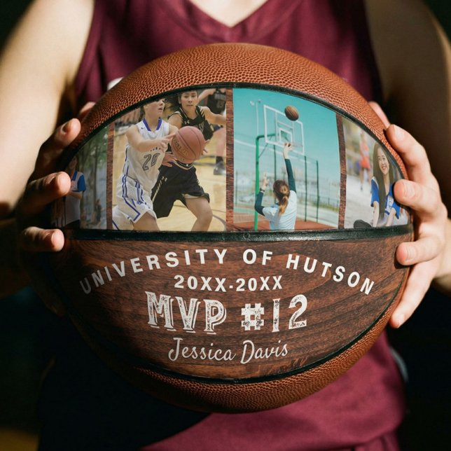 Custom MVP Player Number Photo Collage Woodgrain Basketball (Custom MVP Player Number Photo Collage Woodgrain Basketball)