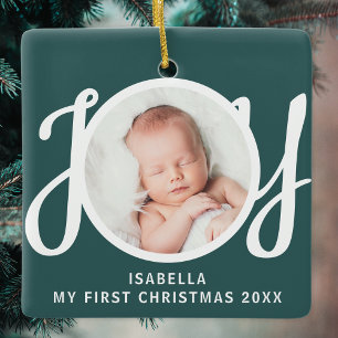 Custom My First Christmas Photo Green Keepsake Ceramic Ornament