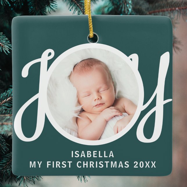 Custom My First Christmas Photo Green Keepsake Ceramic Ornament (Creator Uploaded)