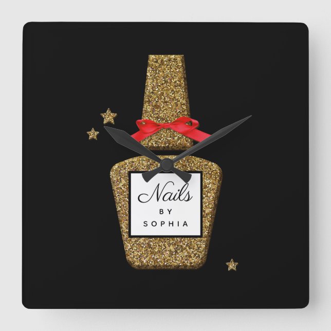 CUSTOM NAIL salon Golden glitter stylist Square Wall Clock (Front)