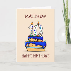 Custom Name, 10th Birthday, 10 on Sweet Blue Cake Card