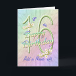 Custom Name 16th Birthday Butterfly Garden Card<br><div class="desc">A rainbow of colours, pink flowers and lavender butterflies fills this girls 16th Happy Birthday card with joy. Add a name to the front and inside verse may be personalised using the template provided. You may also enjoy the matching gifts and other products available in my store. Original design by...</div>