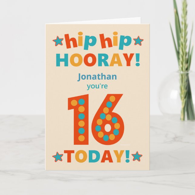 Custom Name 16th Birthday Hip Hooray Card (Front)