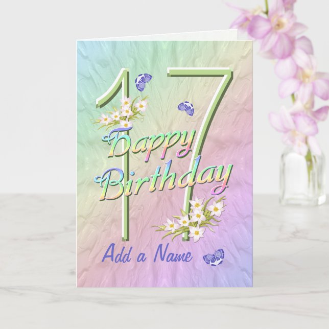 Custom Name 17th Birthday Butterfly Garden Card (Orchid)