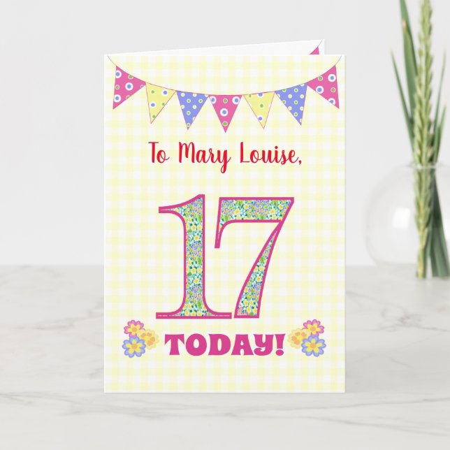Custom Name 17th Birthday Primroses Bunting Card (Front)