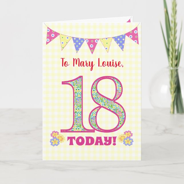 Custom Name 18th Birthday Primroses Bunting Card (Front)