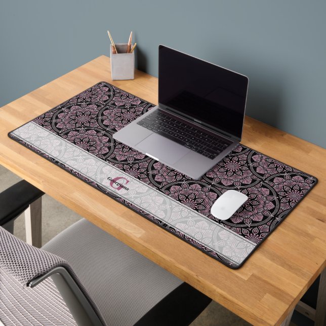 Custom Name 1920s Dusky Rose Floral Fronds Mandala Desk Mat (Office 2)