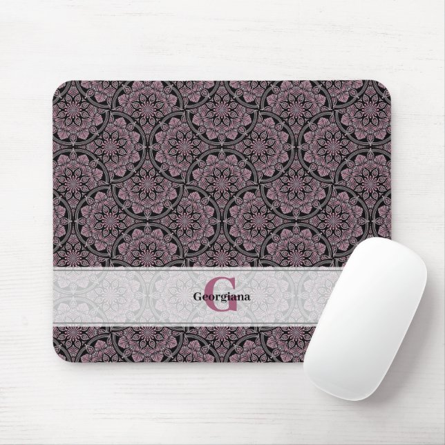 Custom Name 1920s Dusky Rose Floral Fronds Mandala Mouse Pad (With Mouse)