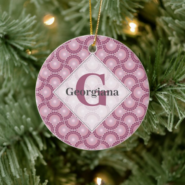 Custom Name 1920s Radiant Dusky Rose Dot Mandala Ceramic Ornament (Tree)