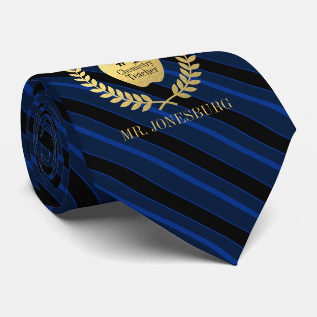Custom Name #1 Teacher Faux Gold Blue Striped Tie (Rolled)