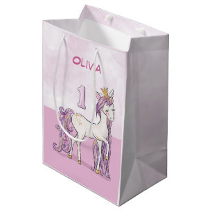 Custom Name 1st Birthday Pink Horse With Crown Medium Gift Bag