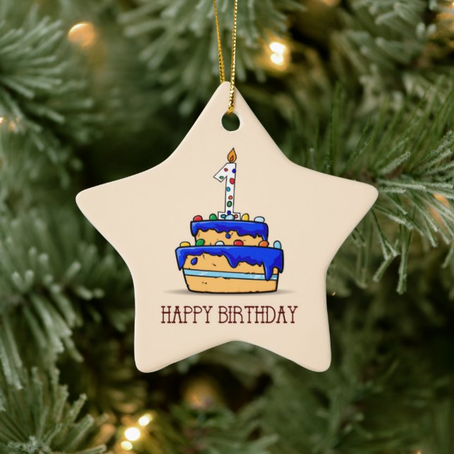 Custom Name, 1st Birthday, Sweet Blue Cake Ceramic Ornament (Tree)