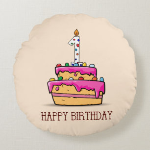 Custom Name, 1st Birthday, Sweet Pink Cake Round Cushion