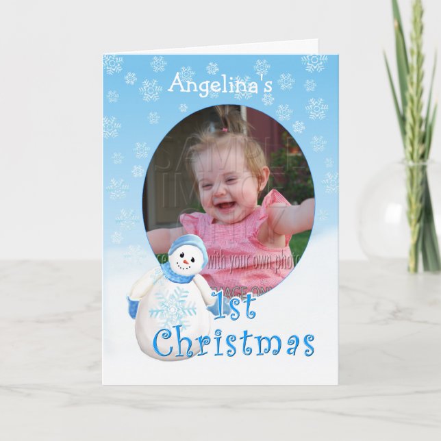 Custom Name 1st Christmas Snowman Photo Card (Front)