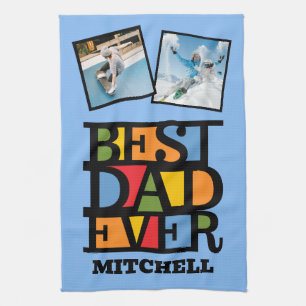 Custom Name & 2 Photos BEST DAD EVER Tea Towel