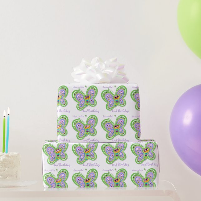 Custom Name 2nd Birthday Butterfly Wrapping Paper (Party Gifts)