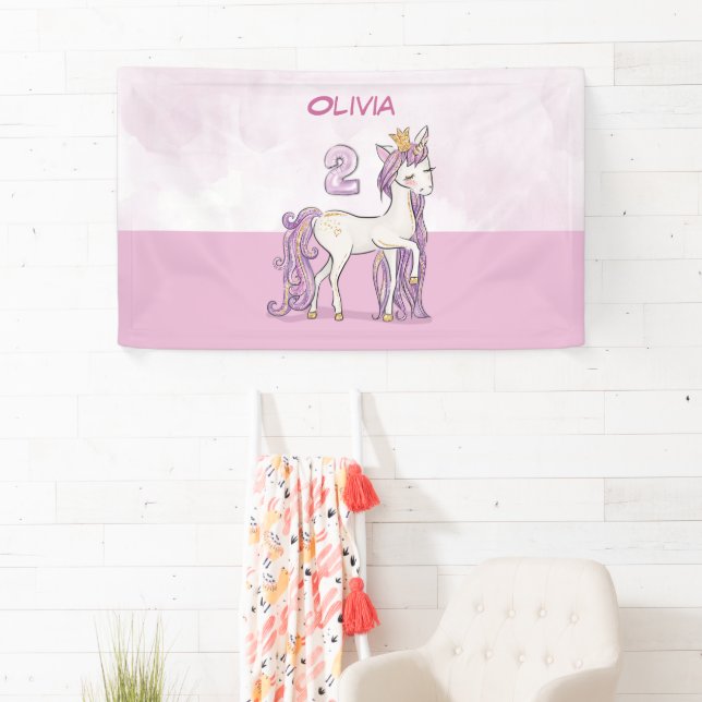 Custom Name 2nd Birthday Pink Horse With Crown Banner (Insitu)