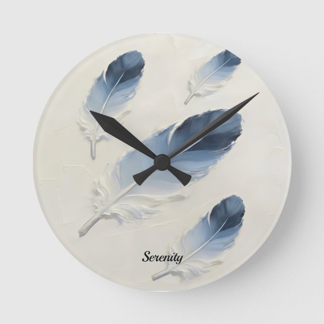 Custom Name 3D Blue Feather Modern Clock (Front)
