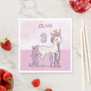 Custom Name 3rd Birthday Pink Horse With Crown Napkin