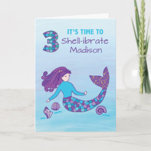 Custom Name 3rd Birthday Sparkly Look Mermaid Card