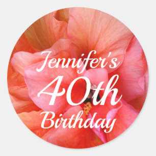 Custom Name 40th Birthday Orange Pink Flower Photo Classic Round Sticker