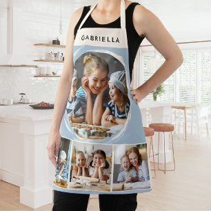 Custom Name 4 Photo Collage Elegant Blue Kitchen Apron