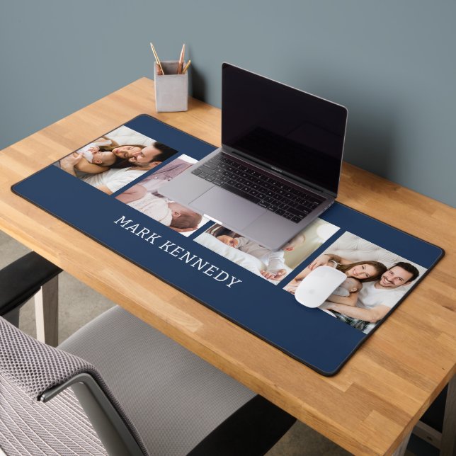 Custom Name 4 Photo Collage Personalised Blue Desk Mat (Office 2)