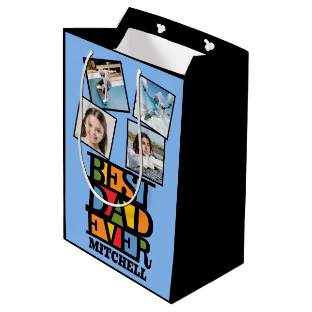 Custom Name & 4 Photos BEST DAD EVER Medium Gift Bag (Back Angled)
