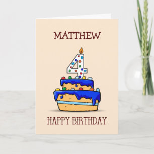 Custom Name, 4th Birthday, 4 on Sweet Blue Cake Card