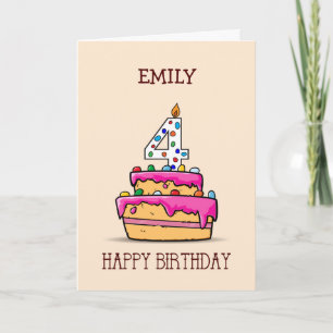 Custom Name, 4th Birthday, 4 on Sweet Pink Cake Card