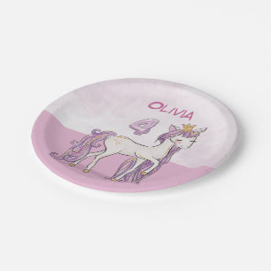 Custom Name 4th Birthday Pink Horse With Crown Paper Plate