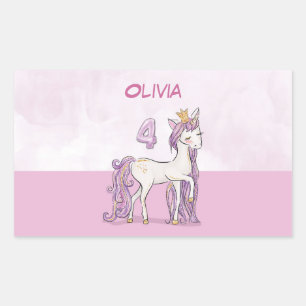 Custom Name 4th Birthday Pink Horse With Crown Rectangular Sticker