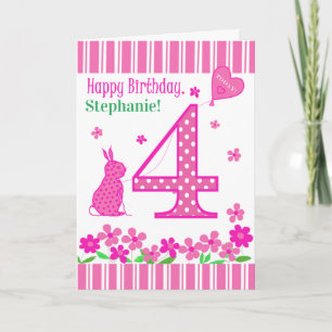 Custom Name 4th Birthday with Pink Bunny Card