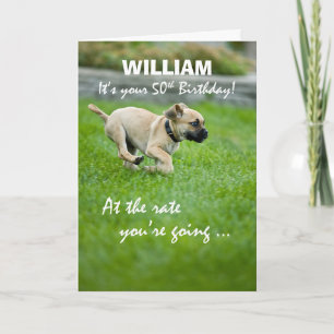 Custom Name 50th Birthday Puppy Running Card